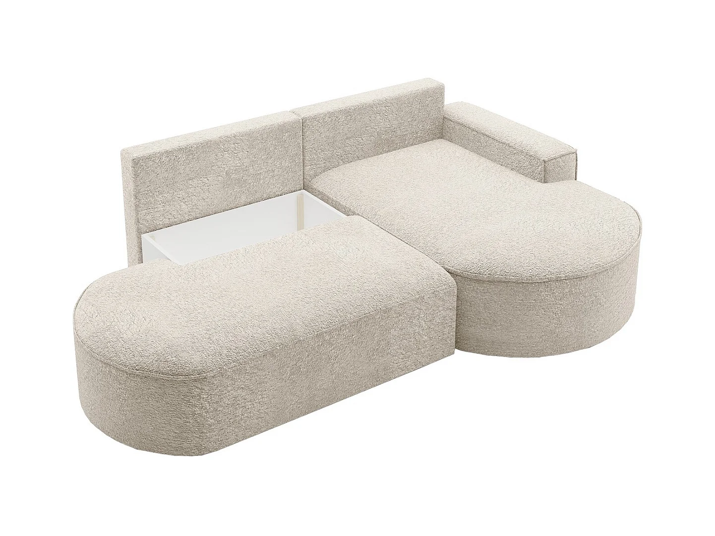 Canapé d'angle avec fonction couchage et coffre de lit Modena Round tissu Arena Ecru Droite