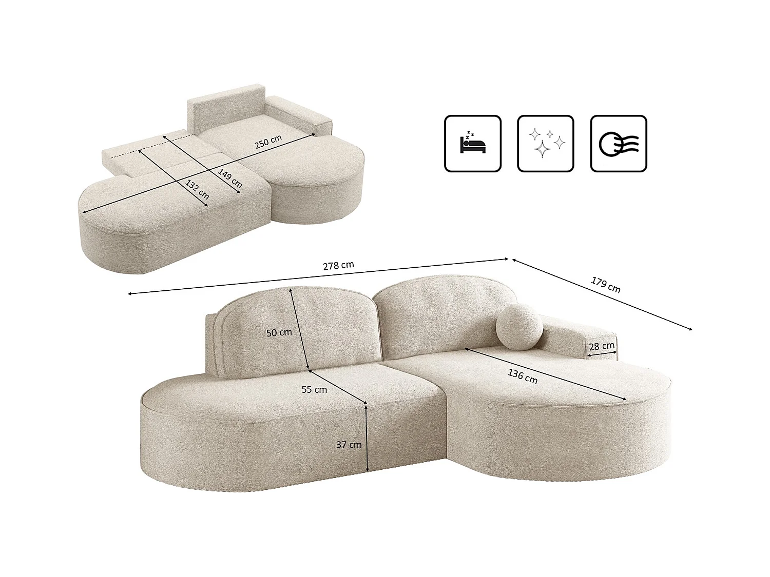 Canapé d'angle avec fonction couchage et coffre de lit Modena Round tissu Arena Ecru Droite