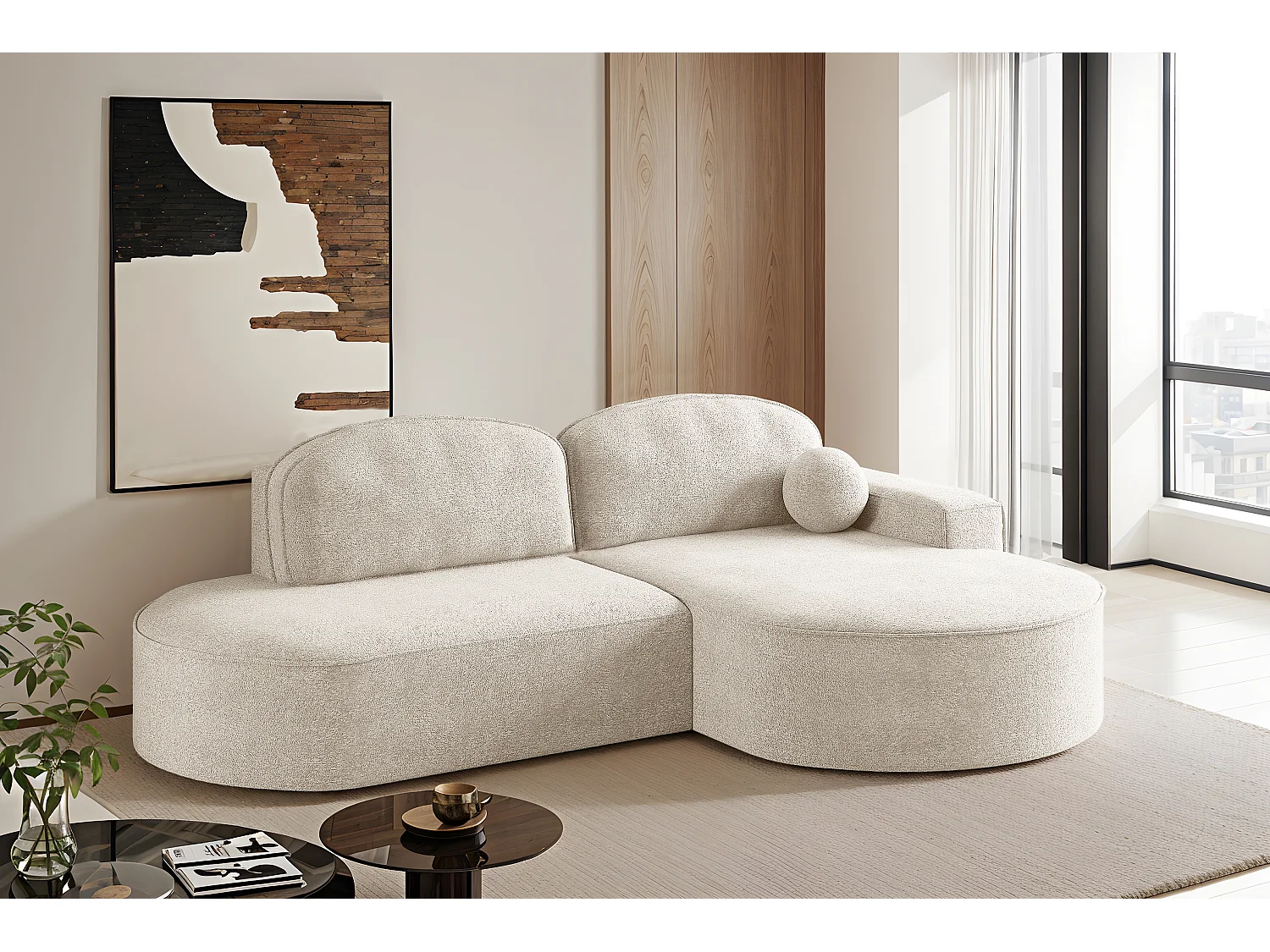 Canapé d'angle avec fonction couchage et coffre de lit Modena Round tissu Arena Ecru Droite