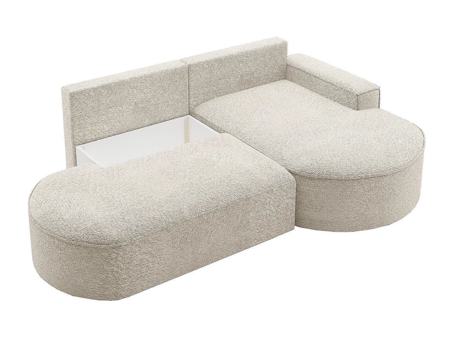Canapé d'angle avec fonction couchage et coffre de lit Modena Round tissu Arena Ecru Droite