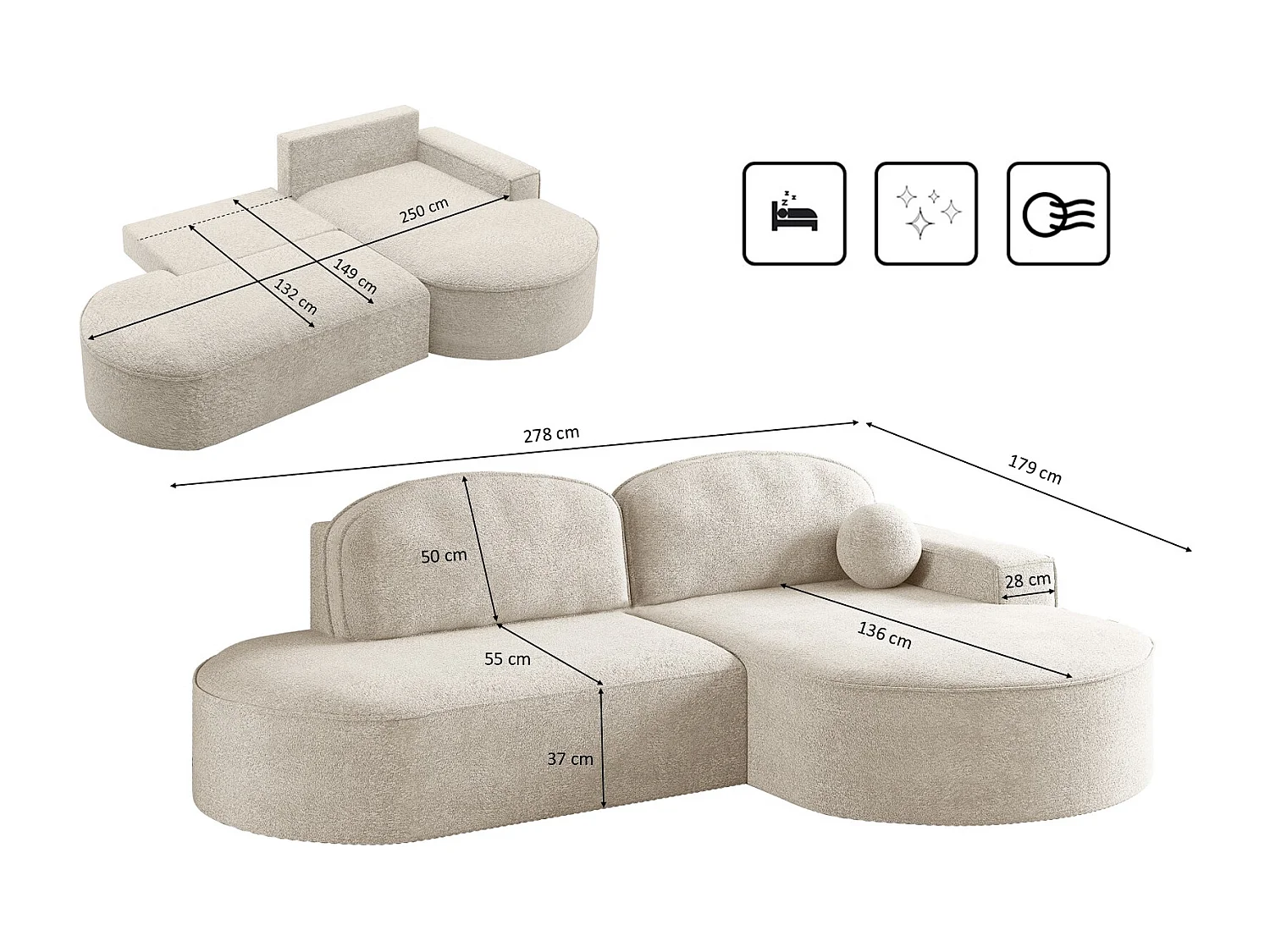 Canapé d'angle avec fonction couchage et coffre de lit Modena Round tissu Arena Ecru Droite