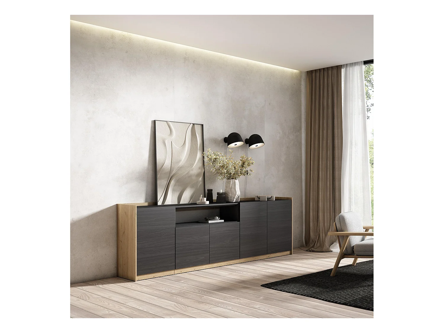 Buffet salon et cuisine, 260x80x37 cm, 5 Portes, Meuble chaussure, Noir et chêne