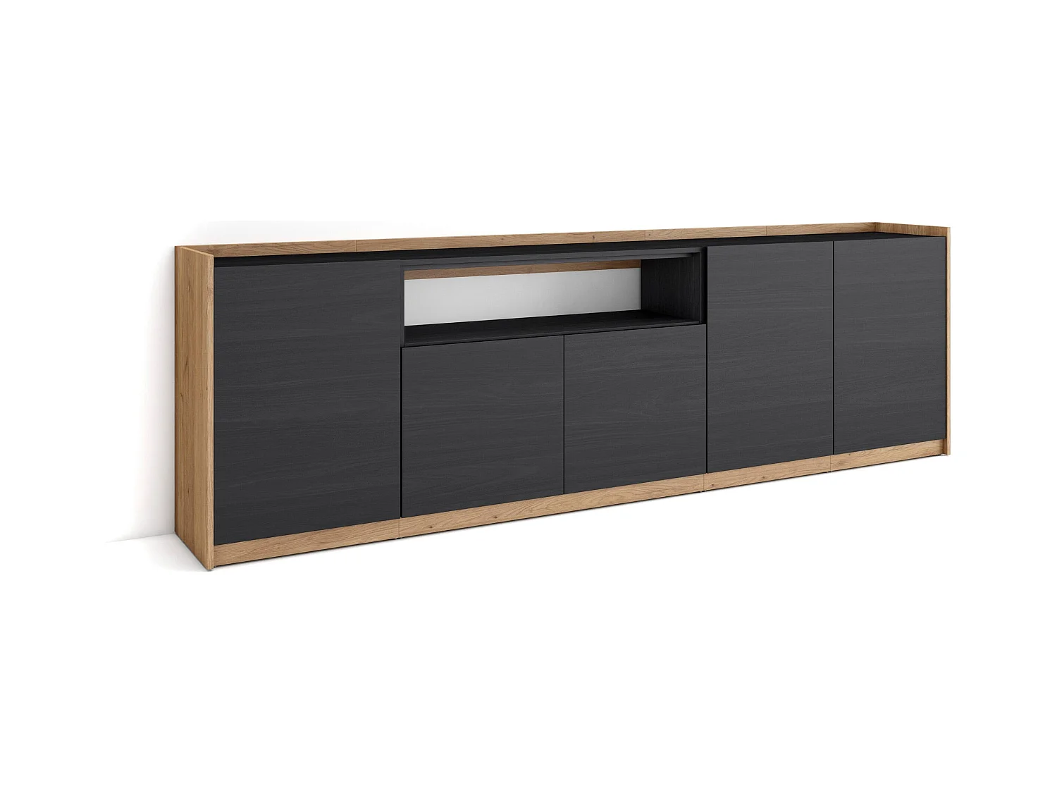 Buffet salon et cuisine, 260x80x37 cm, 5 Portes, Meuble chaussure, Noir et chêne