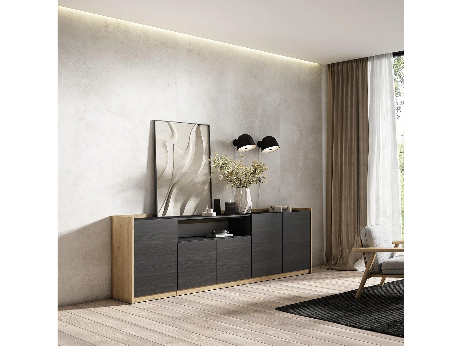 Credenza, Mobile, Cucina, 260x80x37 cm, 5 Porte, grande stoccaggio, Nero e rovere