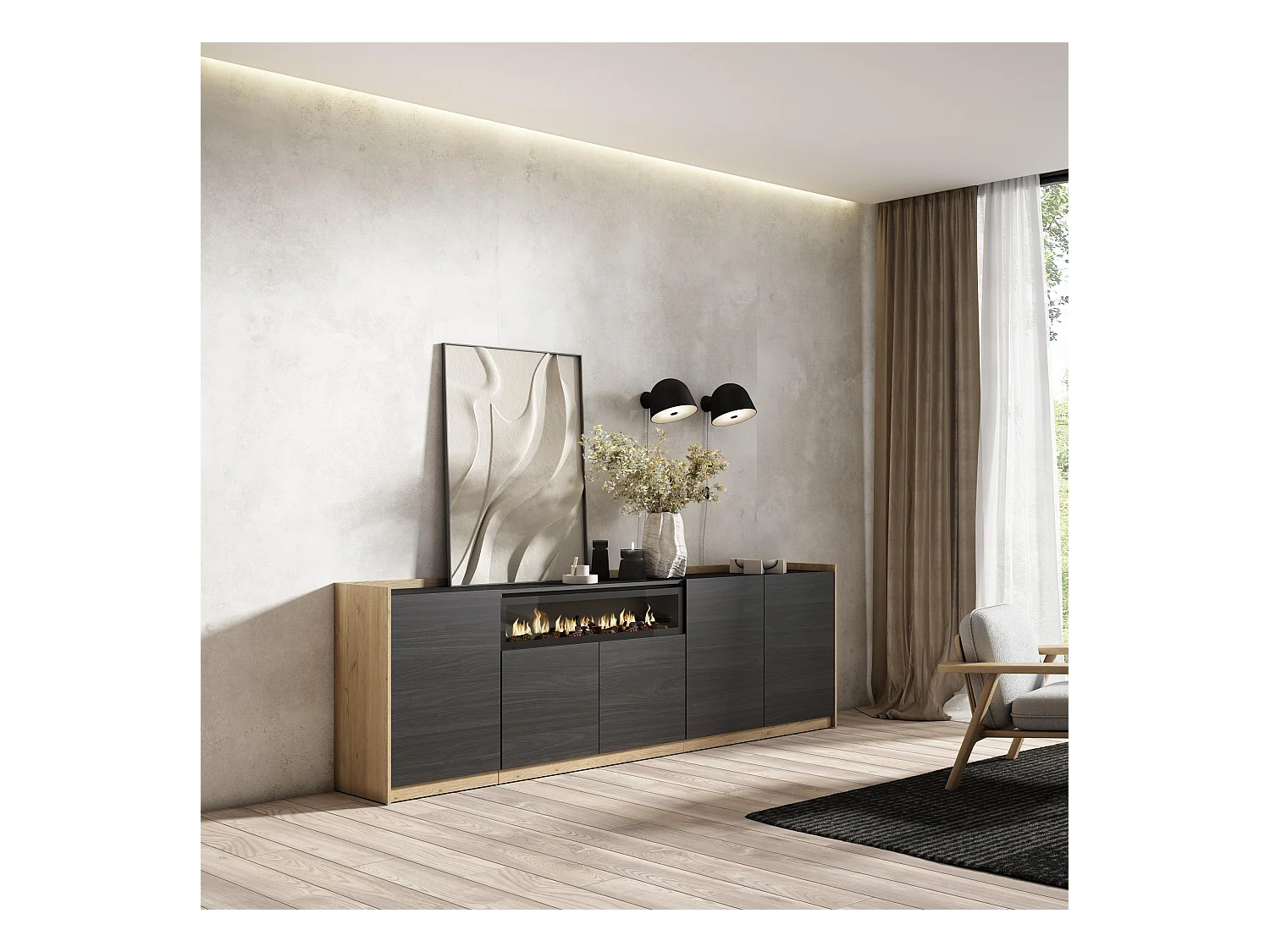 Buffet salon et cuisine, 260x80x37 cm, 5 Portes, Cheminée électrique, Noir et chêne