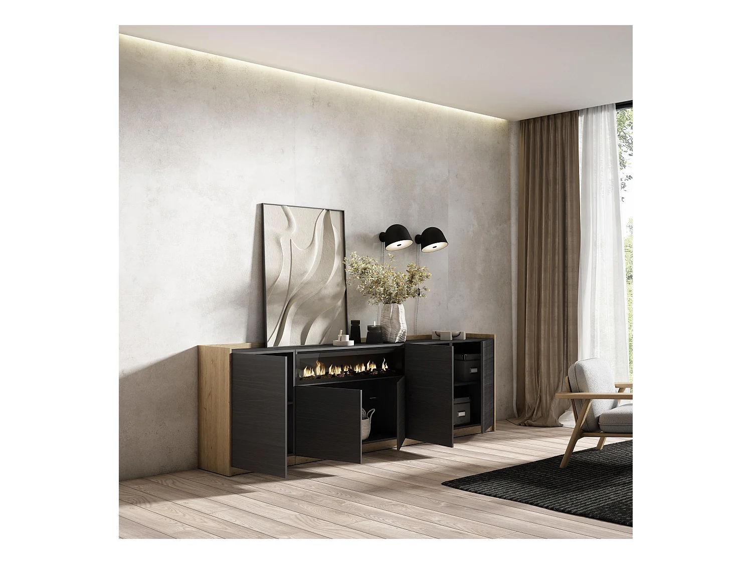 Buffet salon et cuisine, 260x80x37 cm, 5 Portes, Cheminée électrique, Noir et chêne