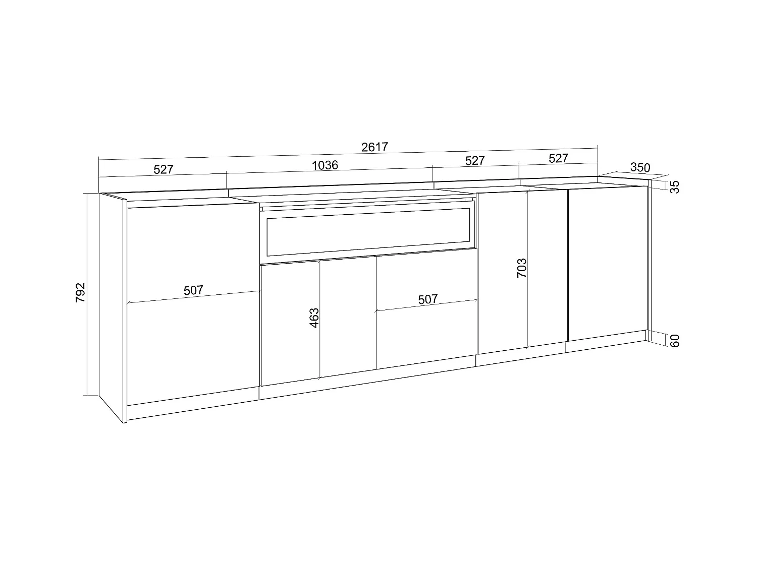 Buffet salon et cuisine, 260x80x37 cm, 5 Portes, Cheminée électrique, Noir et chêne