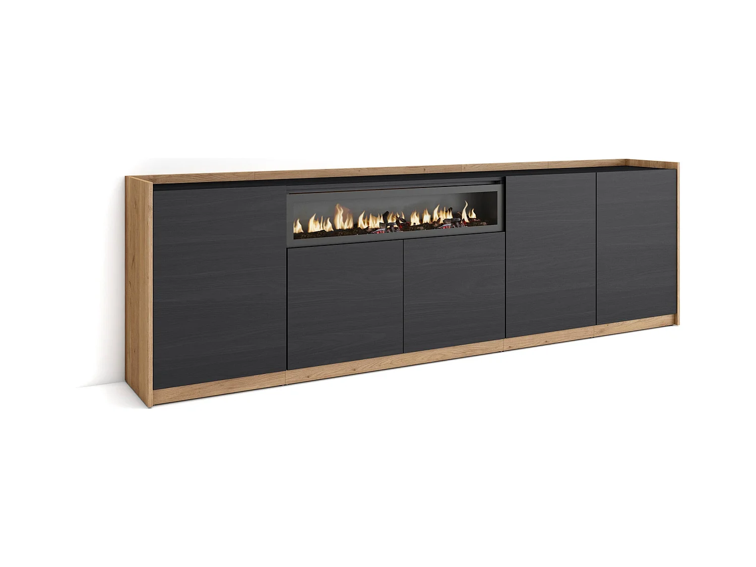 Dressoir, Opbergkast, 260x80x37 cm, 5 Deuren, Elektrische haard, Zwart/Eiken