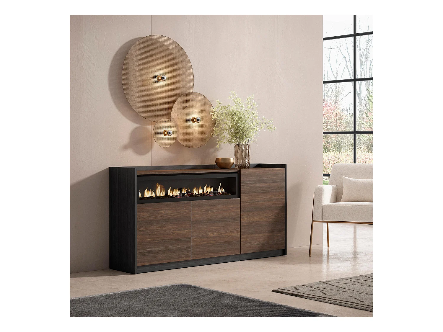 Buffet salon et cuisine, 156x80x37 cm, 3 Portes, Cheminée électrique, Chêne foncé et Noir