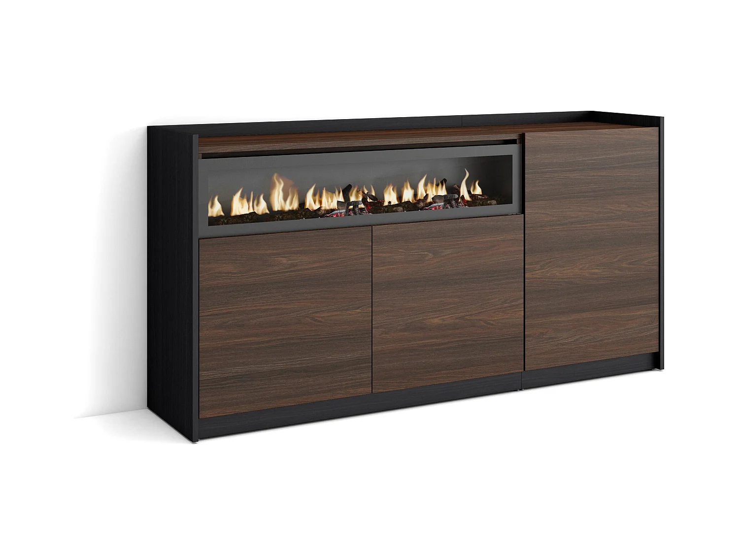Buffet salon et cuisine, 156x80x37 cm, 3 Portes, Cheminée électrique, Chêne foncé et Noir