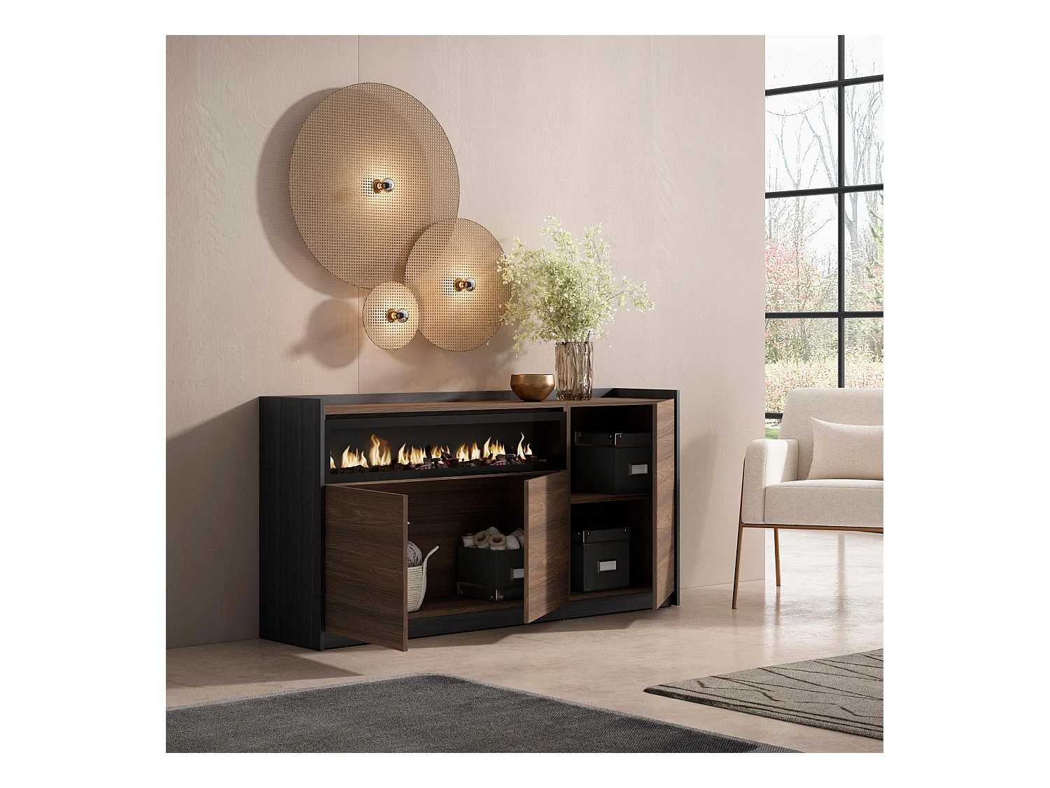 Buffet salon et cuisine, 156x80x37 cm, 3 Portes, Cheminée électrique, Chêne foncé et Noir
