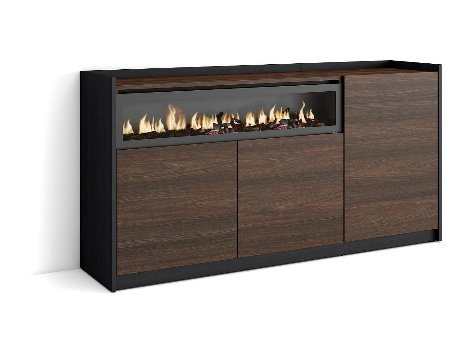 Dressoir, Opbergkast, 156x80x37 cm, 3 Deuren, Elektrische haard, Donkere eik en Zwart