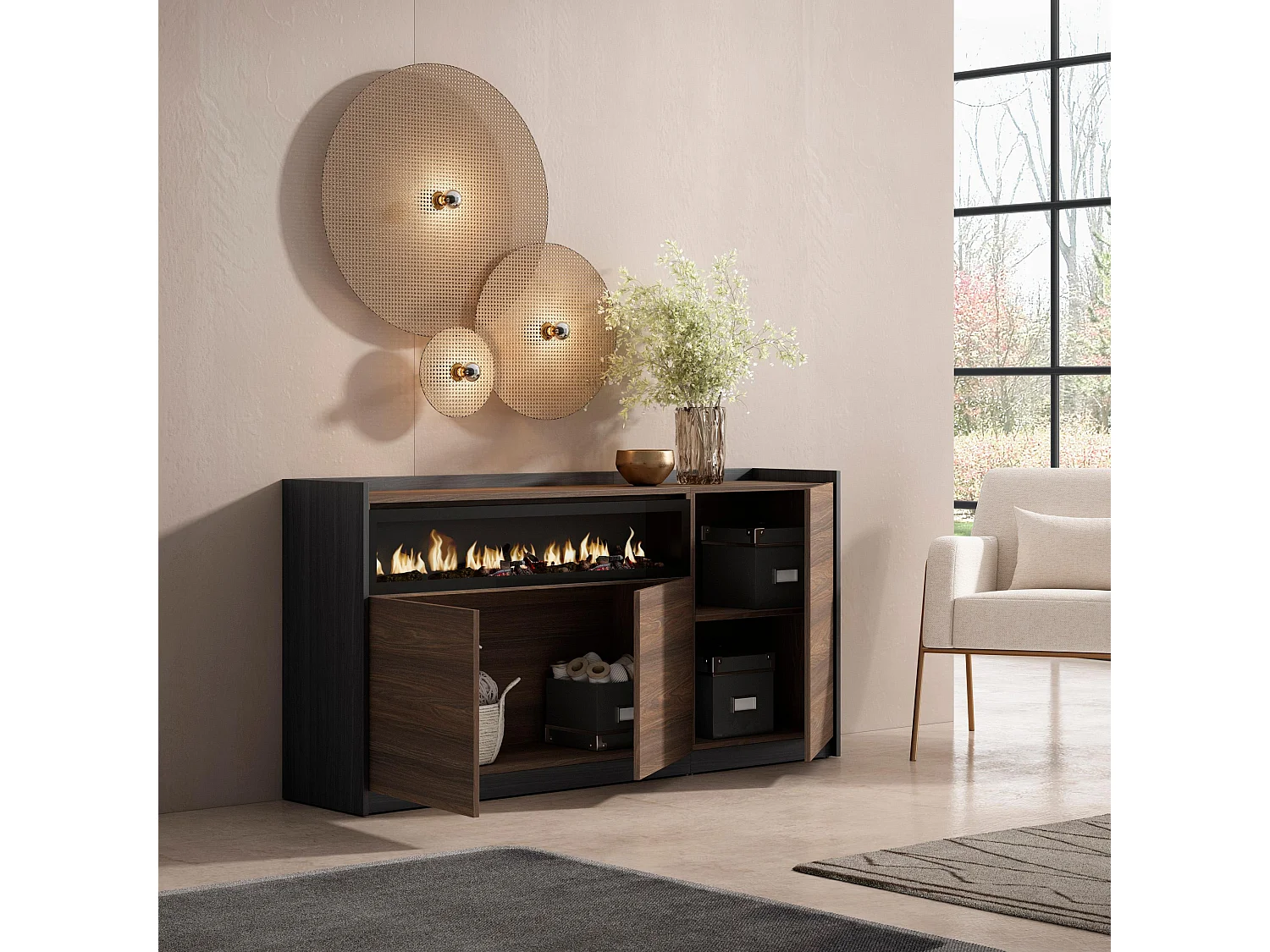 Dressoir, Opbergkast, 156x80x37 cm, 3 Deuren, Elektrische haard, Donkere eik en Zwart