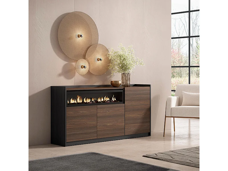 Dressoir, Opbergkast, 156x80x37 cm, 3 Deuren, Elektrische haard, Donkere eik en Zwart