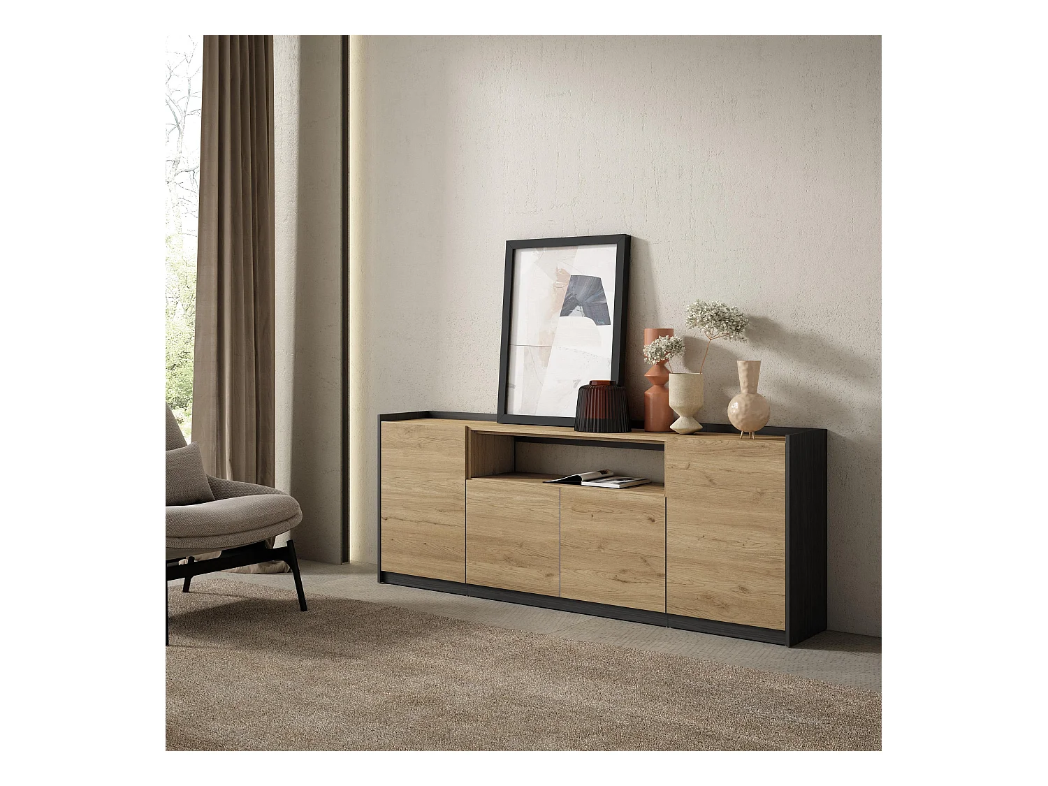 Aparadores para salón, 207x80x37 cm, 4 Puertas, Armario, zapatero, Roble y negro