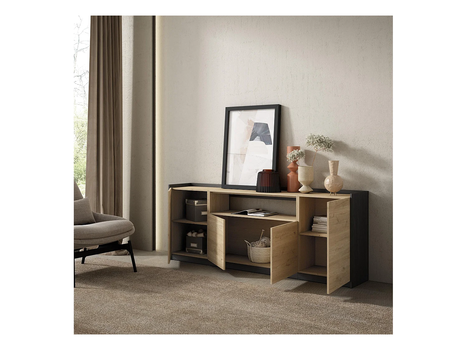 Aparadores para salón, 207x80x37 cm, 4 Puertas, Armario, zapatero, Roble y negro