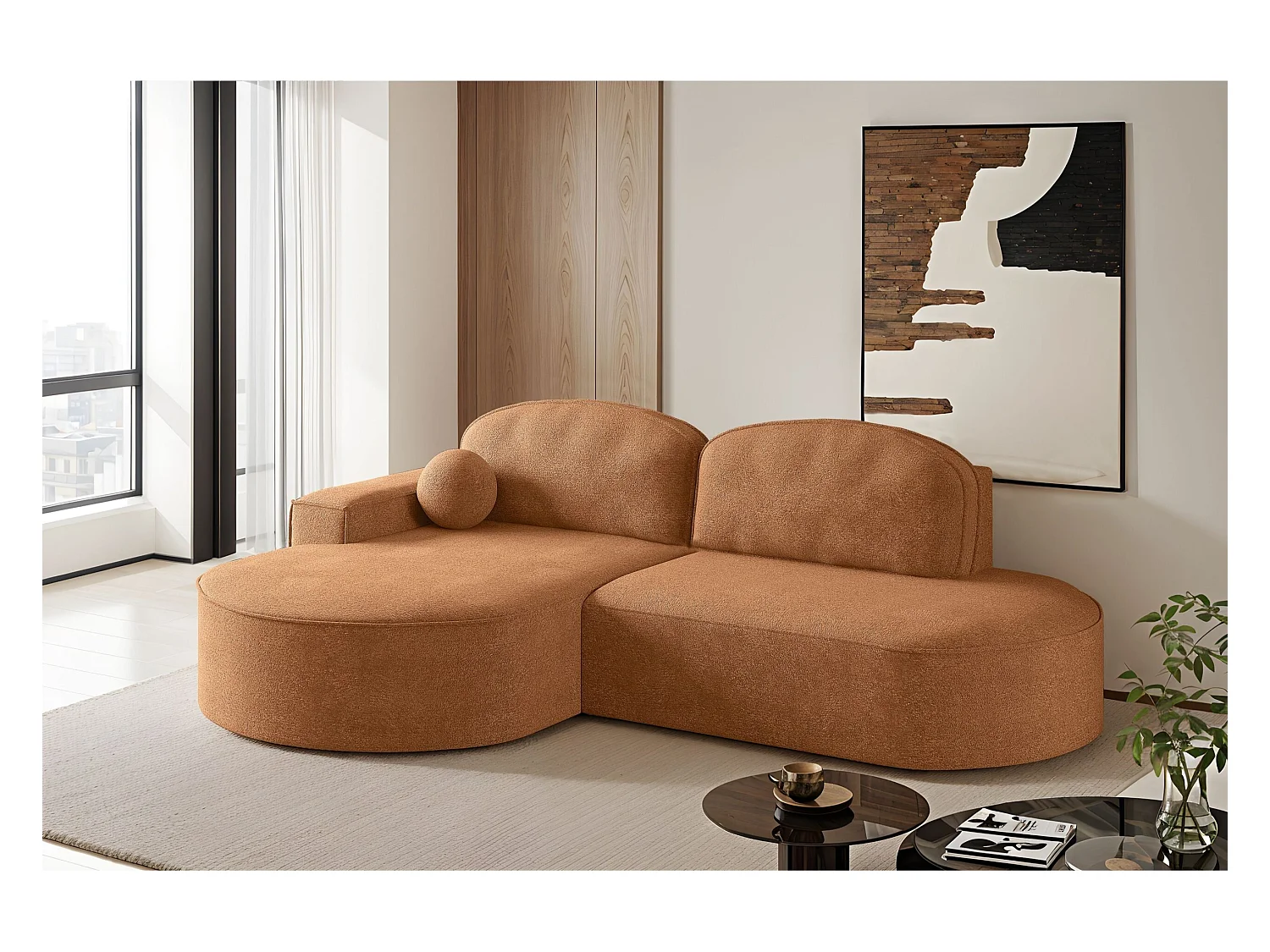 Canapé d'angle avec fonction couchage et coffre de lit Modena Round tissu Arena Orange Gauche