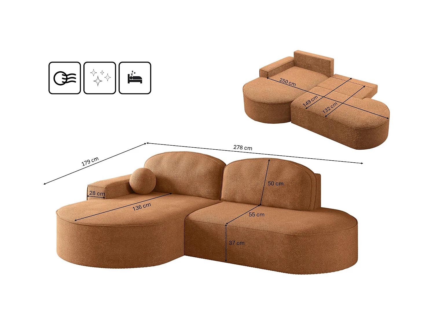 Canapé d'angle avec fonction couchage et coffre de lit Modena Round tissu Arena Orange Gauche