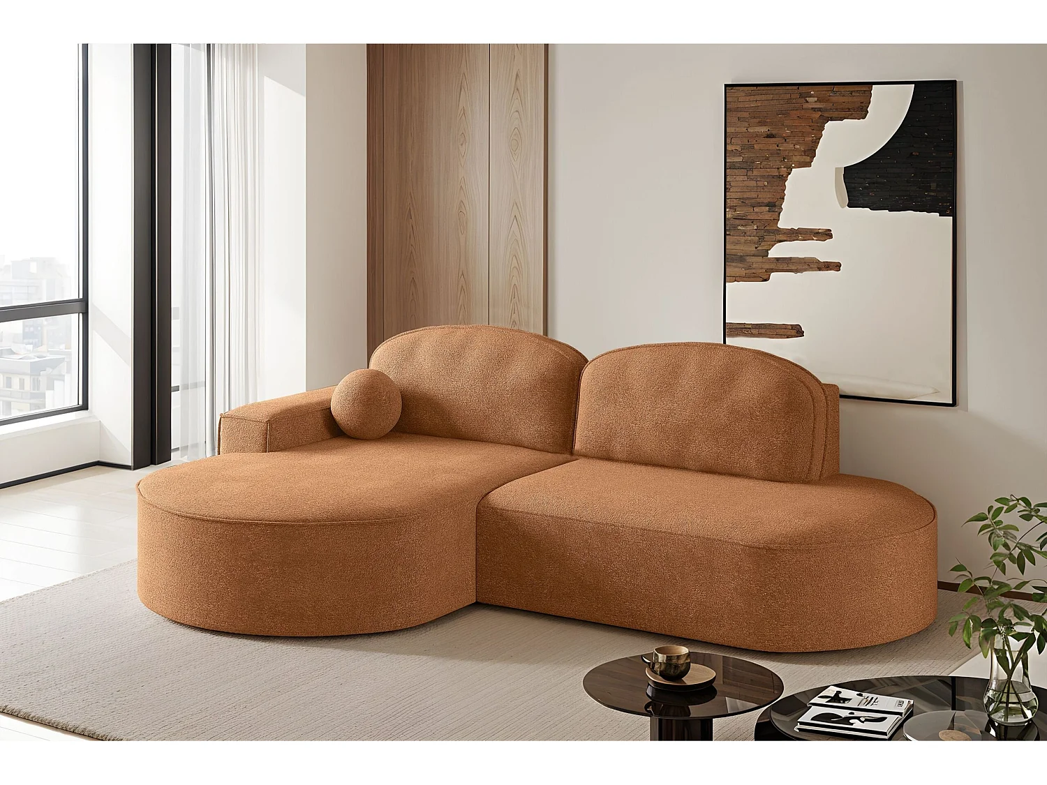 Canapé d'angle avec fonction couchage et coffre de lit Modena Round tissu Arena Orange Gauche