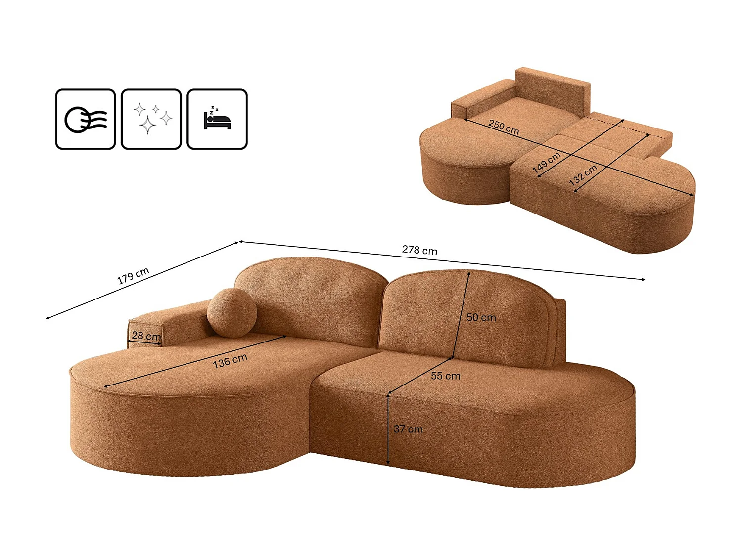 Canapé d'angle avec fonction couchage et coffre de lit Modena Round tissu Arena Orange Gauche