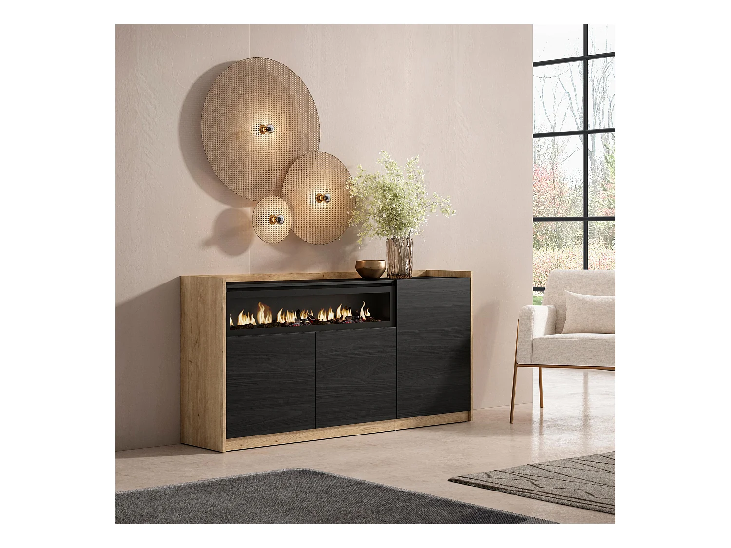 Buffet salon et cuisine, 156x80x37 cm, 3 Portes, Cheminée électrique, Noir et chêne