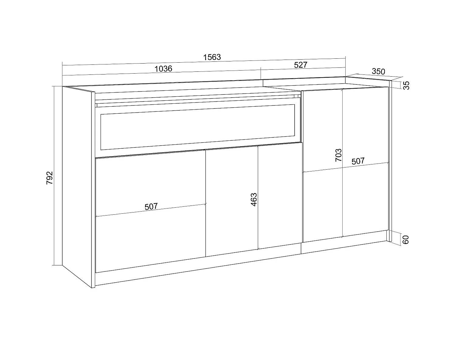 Buffet salon et cuisine, 156x80x37 cm, 3 Portes, Cheminée électrique, Noir et chêne