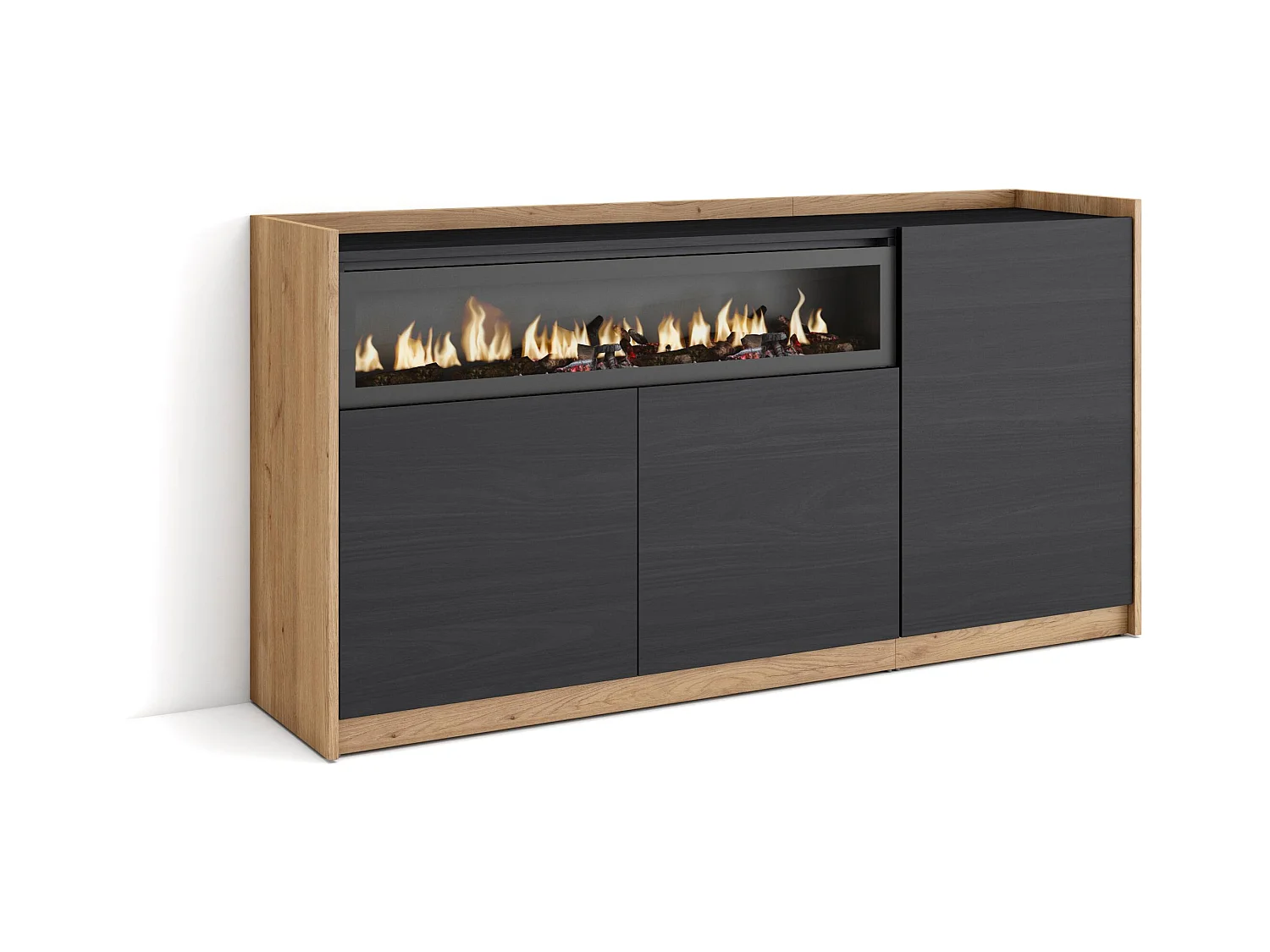 Credenza, Mobile, Cucina, 156x80x37 cm, 3 Porte, Camino elettrico, Nero e rovere