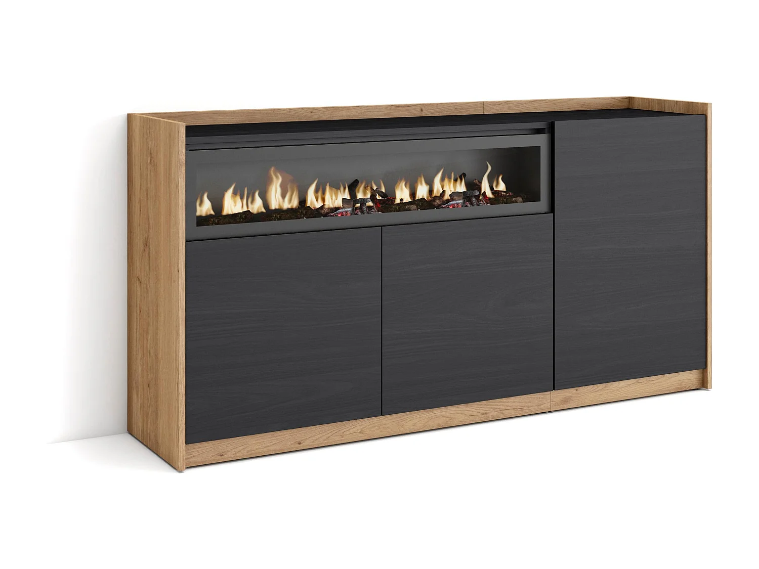 Aparadores para salón, 156x80x37 cm, 3 Puertas, Chimenea eléctrica, Negro y roble