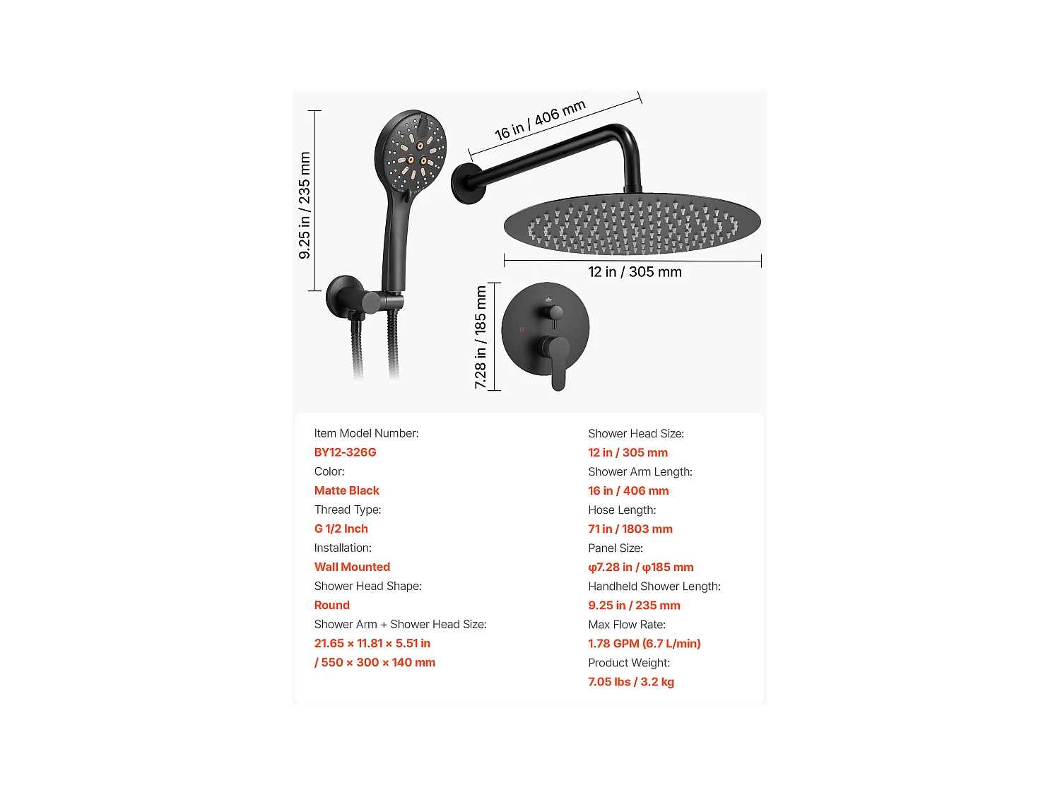 Colonne de Douche SucceBuy Ensemble de Douche avec Pommeau de Douche Rond Effet Pluie de 305 mm et Douchette à Main, Système de Douche Mural avec Garniture