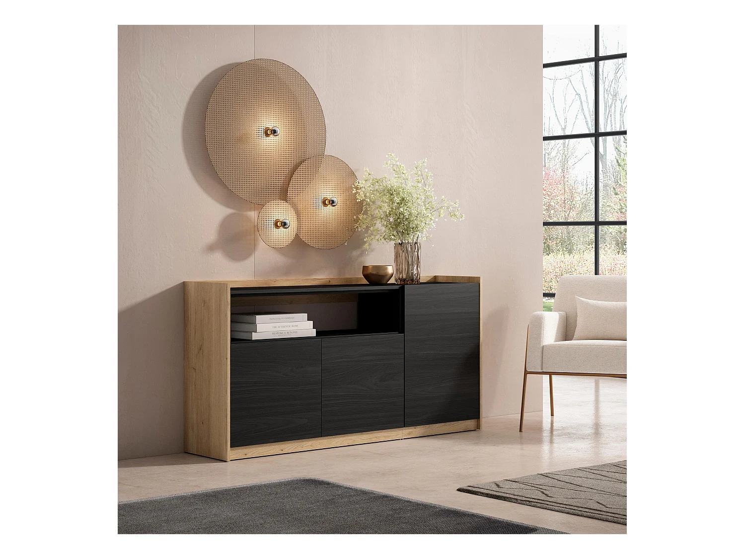 Buffet salon et cuisine, 156x80x37 cm, 3 Portes, Meuble chaussure, Noir et chêne