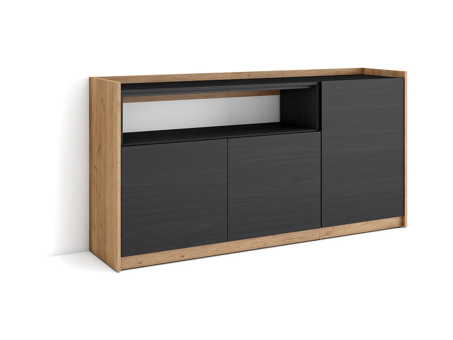 Buffet salon et cuisine, 156x80x37 cm, 3 Portes, Meuble chaussure, Noir et chêne