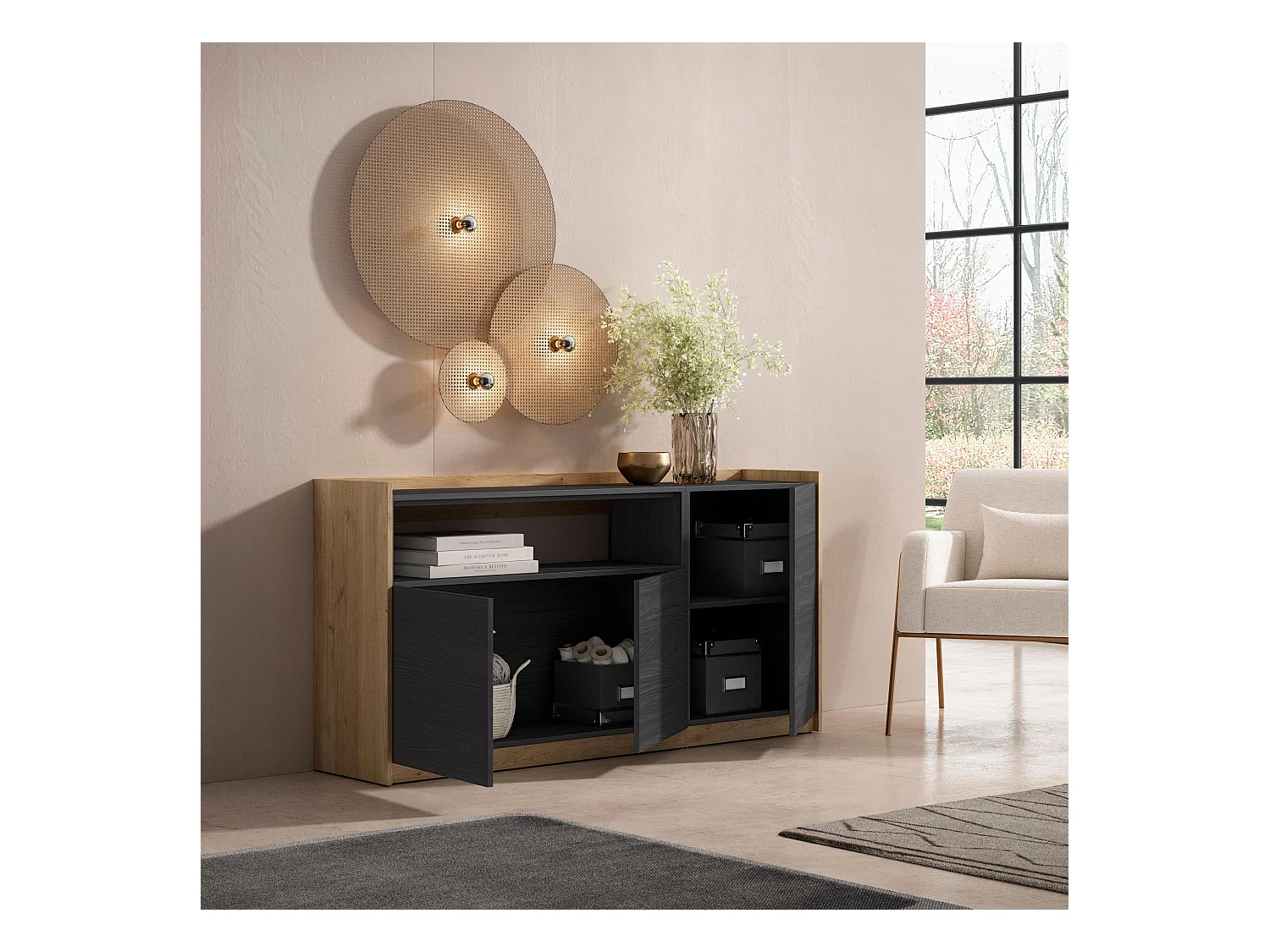 Buffet salon et cuisine, 156x80x37 cm, 3 Portes, Meuble chaussure, Noir et chêne