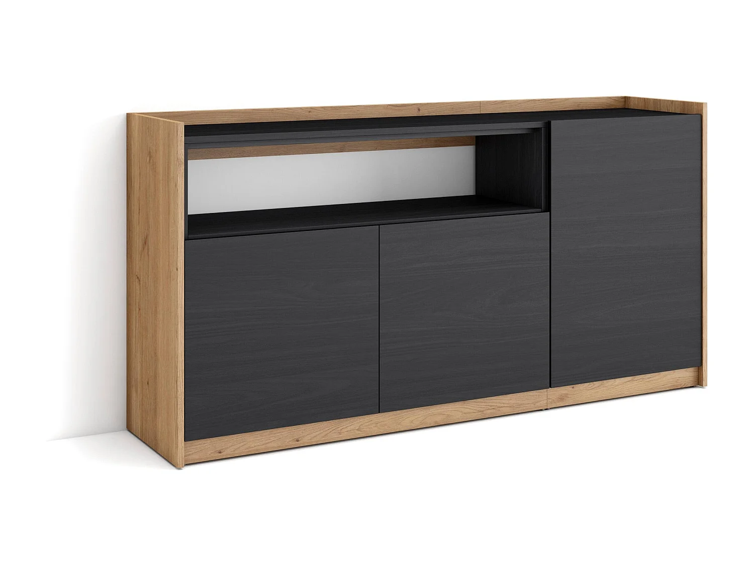 Buffet salon et cuisine, 156x80x37 cm, 3 Portes, Meuble chaussure, Noir et chêne