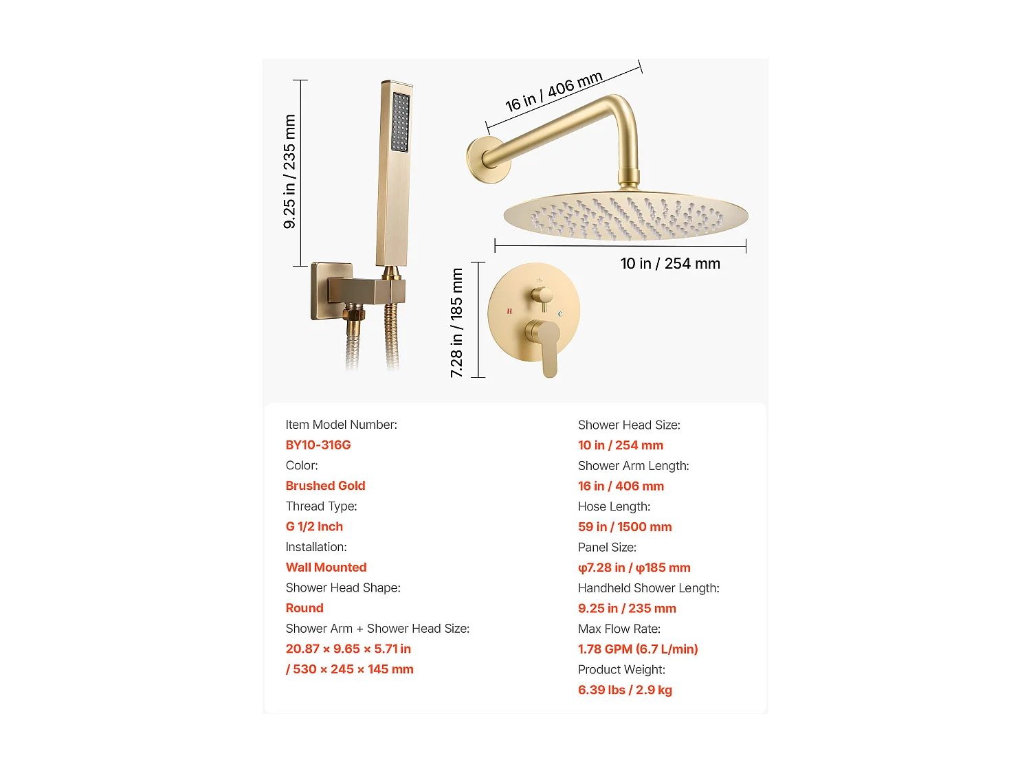 Colonne de Douche SucceBuy Kit de Douche, Système de Douche Pluie avec Pommeau Rond de 254 mm, Douchette à Main et Kit de Montage Mural, Finition or Brossé