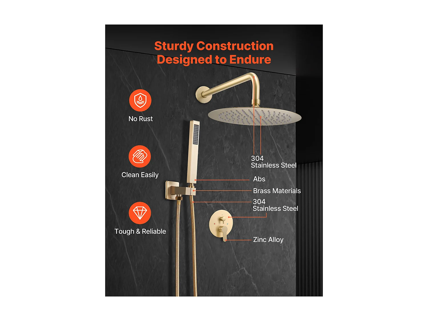 Colonne de Douche SucceBuy Kit de Douche, Système de Douche Pluie avec Pommeau Rond de 254 mm, Douchette à Main et Kit de Montage Mural, Finition or Brossé