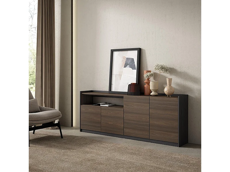 Buffet salon et cuisine, 207x80x37 cm, 4 Portes, Meuble chaussure, Chêne foncé et Noir