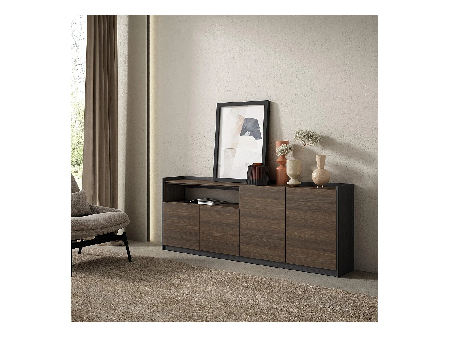 Buffet salon et cuisine, 207x80x37 cm, 4 Portes, Meuble chaussure, Chêne foncé et Noir