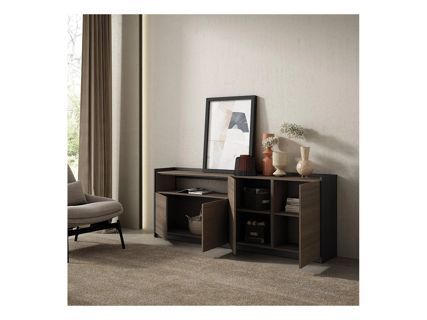 Buffet salon et cuisine, 207x80x37 cm, 4 Portes, Meuble chaussure, Chêne foncé et Noir