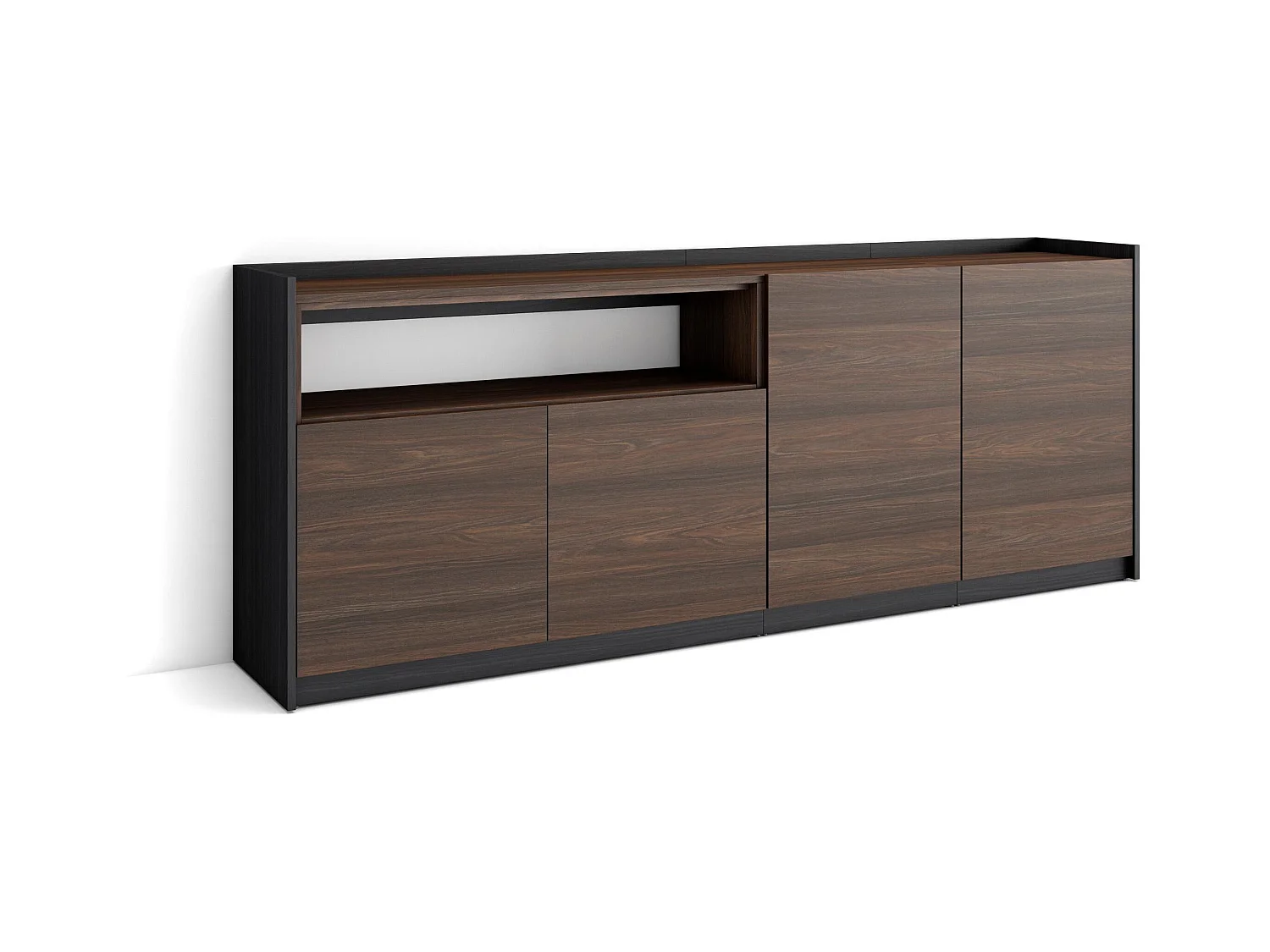 Credenza, Mobile, Cucina, 207x80x37 cm, 4 Porte, grande stoccaggio, Rovere scuro e Nero