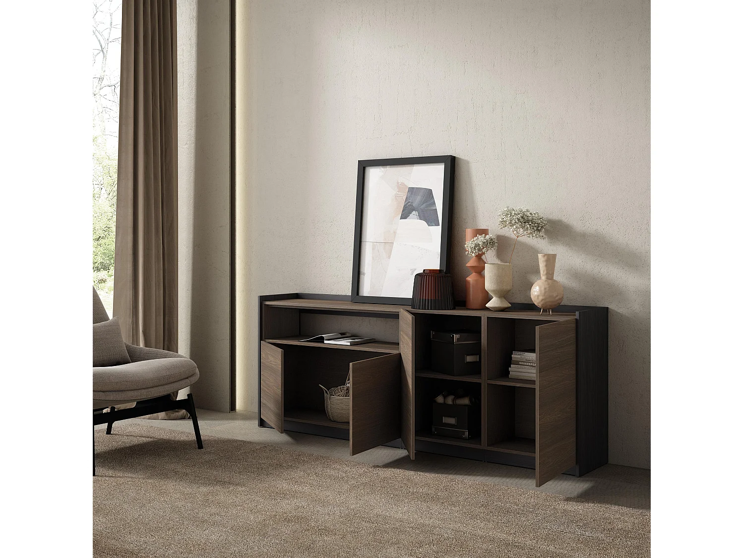 Dressoir, Opbergkast, 207x80x37 cm, 4 Deuren, Woonkamer, hal, Donkere eik en Zwart