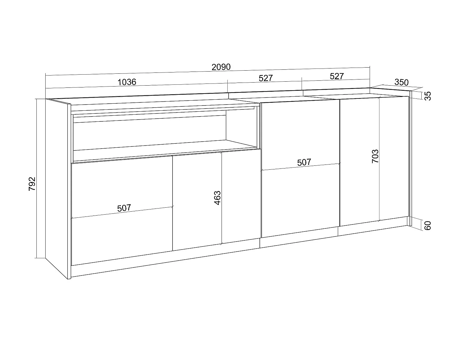 Dressoir, Opbergkast, 207x80x37 cm, 4 Deuren, Woonkamer, hal, Donkere eik en Zwart