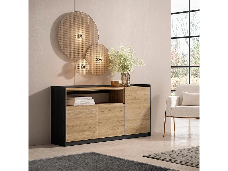 Aparadores para salón, 156x80x37 cm, 3 Puertas, Armario, zapatero, Roble y negro