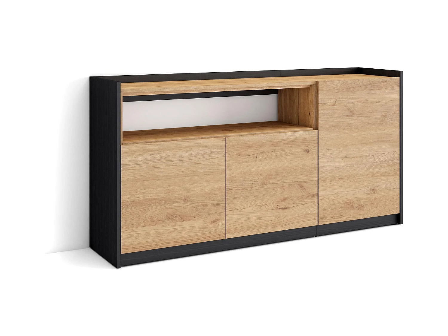 Credenza, Mobile, Cucina, 156x80x37 cm, 3 Porte, grande stoccaggio, Rovere e nero