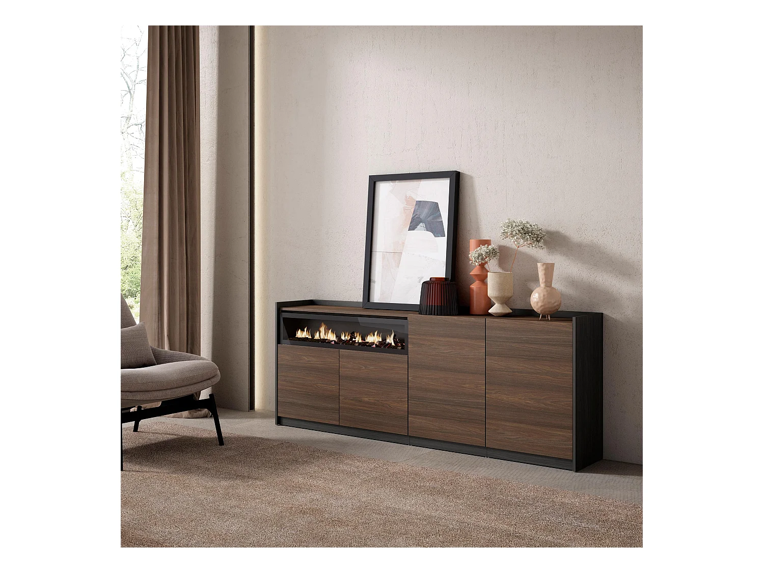 Buffet salon et cuisine, 207x80x37 cm, 4 Portes, Cheminée électrique, Chêne foncé et Noir