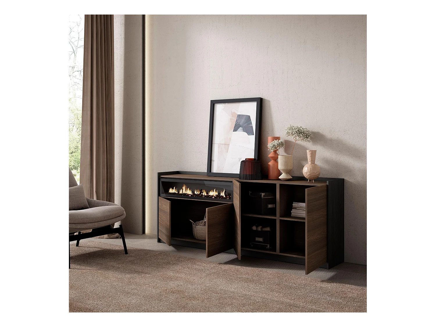 Buffet salon et cuisine, 207x80x37 cm, 4 Portes, Cheminée électrique, Chêne foncé et Noir