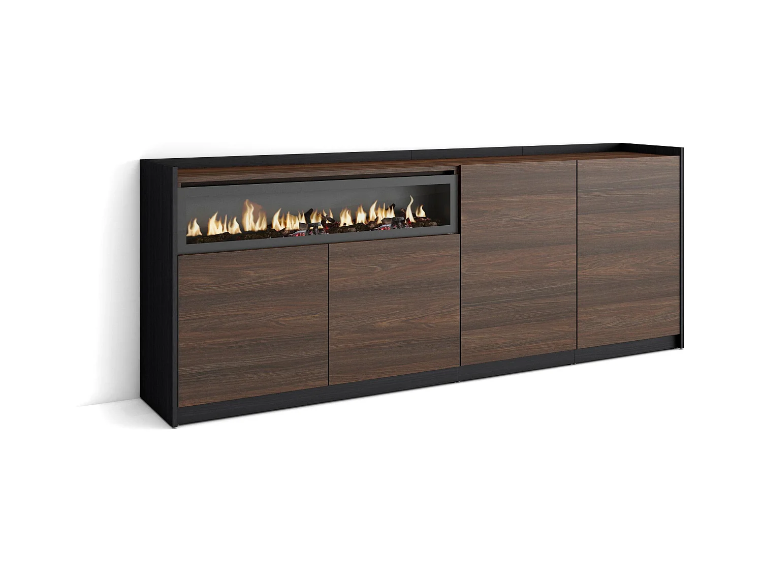 Sideboard, Highboard, 207x80x37 cm, 4 Türen, Elektrokamin., Dunkler Eiche und Schwarz