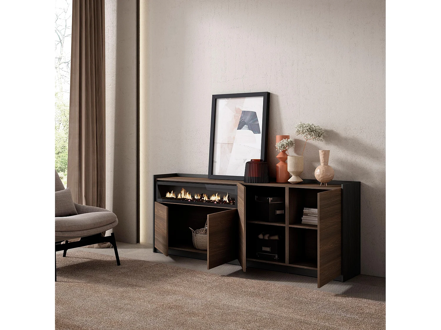 Dressoir, Opbergkast, 207x80x37 cm, 4 Deuren, Elektrische haard, Donkere eik en Zwart