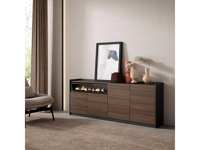 Dressoir, Opbergkast, 207x80x37 cm, 4 Deuren, Elektrische haard, Donkere eik en Zwart