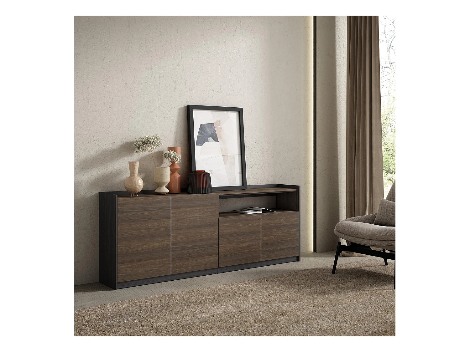 Buffet salon et cuisine, 207x80x37 cm, 4 Portes, Meuble chaussure, Chêne foncé et Noir