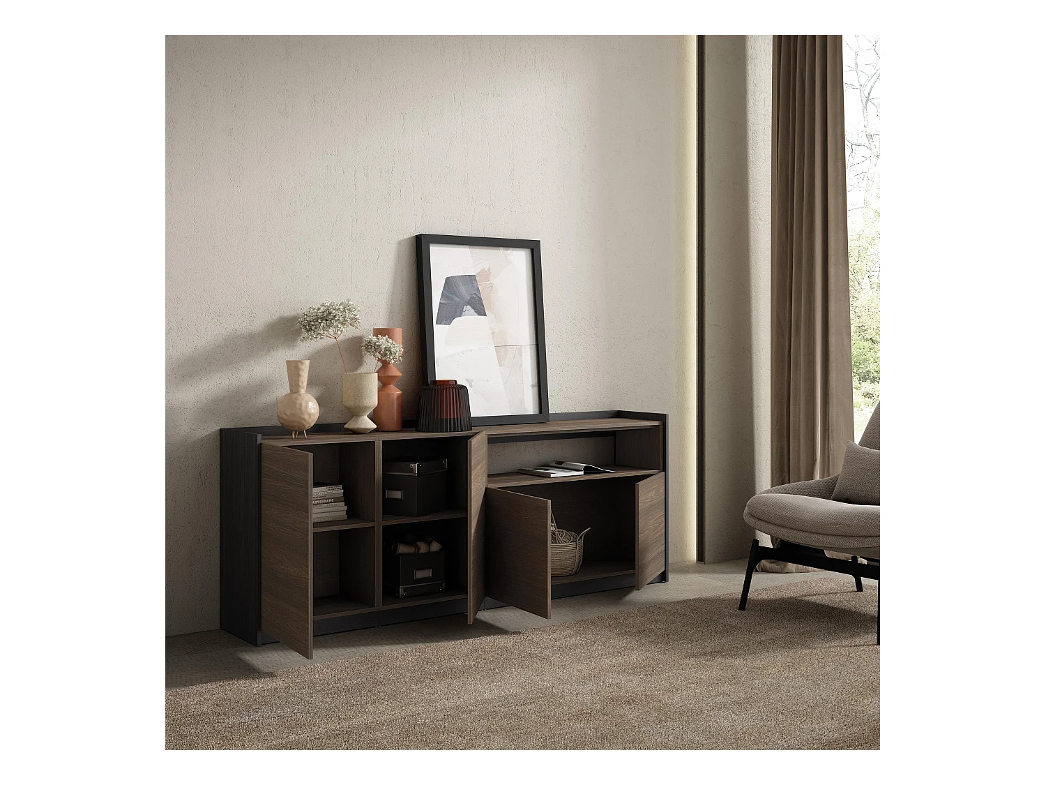 Buffet salon et cuisine, 207x80x37 cm, 4 Portes, Meuble chaussure, Chêne foncé et Noir